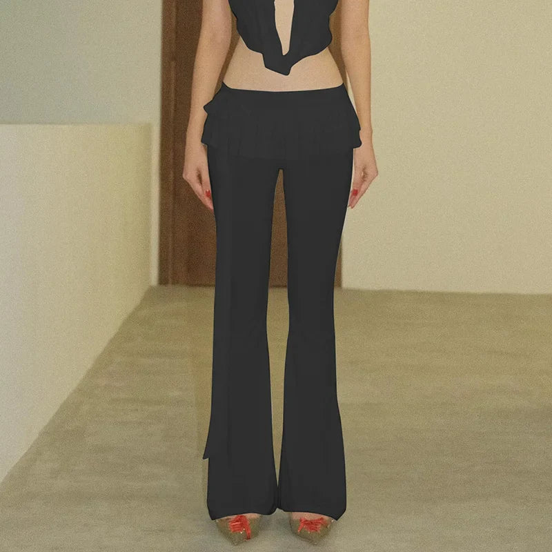 Voguable Solid Bow Lacing Patchwork Double Layer Ruffles Flare Pants Mid Rise Slim Trousers Hottie Y2K Streetwear