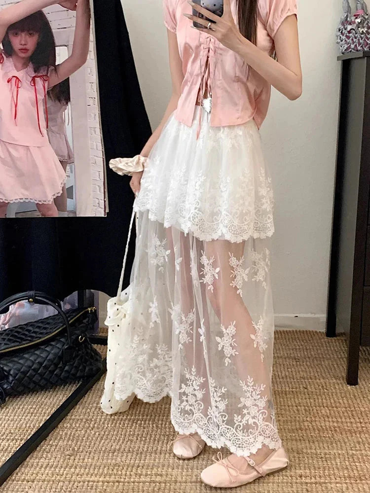 French Elegant Lace Midi Skirts Chic Patchwork Mesh Y2K FeHigh Waist Jacquard All Match A Line Skirts