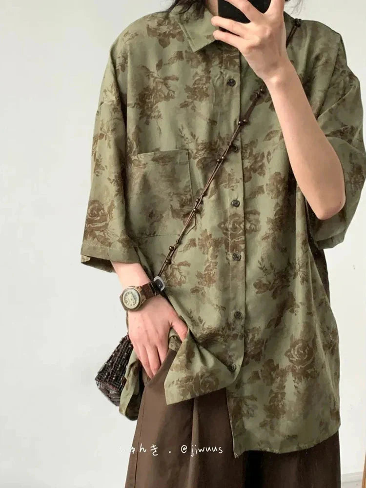 Harajuku Y2K Shirt Loose Vintage Print Streeetwear Blouse Oversize Half Sleeve FeCasual Retro Japan Bf Tops New