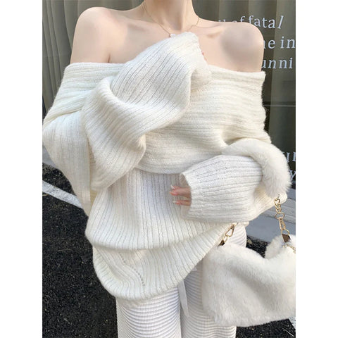 Design White Knitted Sweater Long Sleeve Pure Color Korean Y2k Clothing Elegant Pullover Female