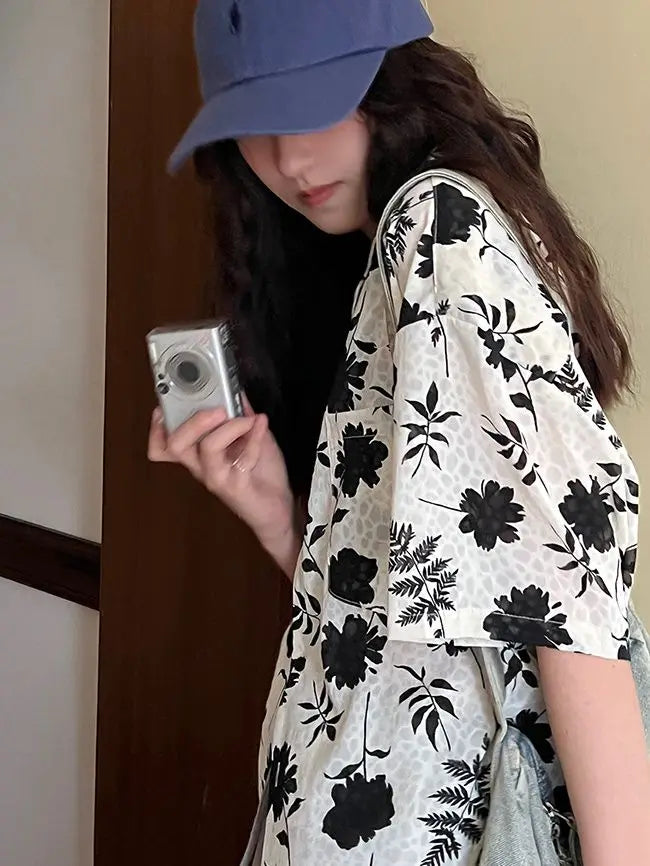 Retro loose casual temperament printed short-sleeved shirt for in lazy slim versatile floral shirt casual y2k tops