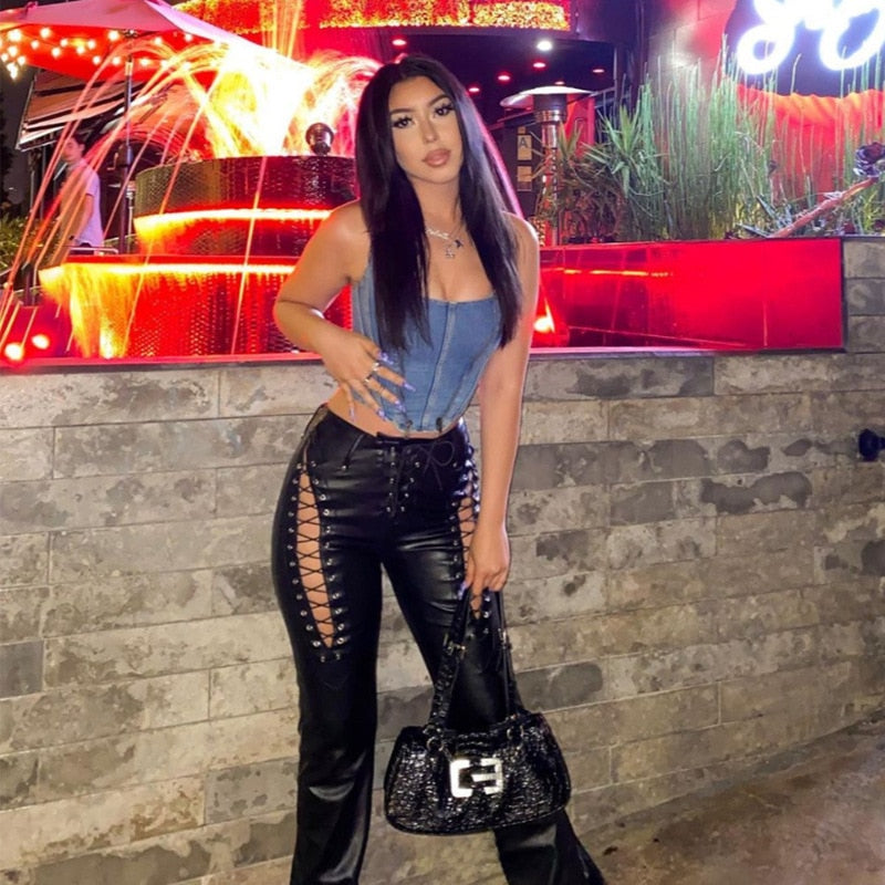 Lace Up PU Leather Pants Chic High Waist Hollow Out Y2K Drawstring Bandage Cut Out Gothic Faux Leather Trousers