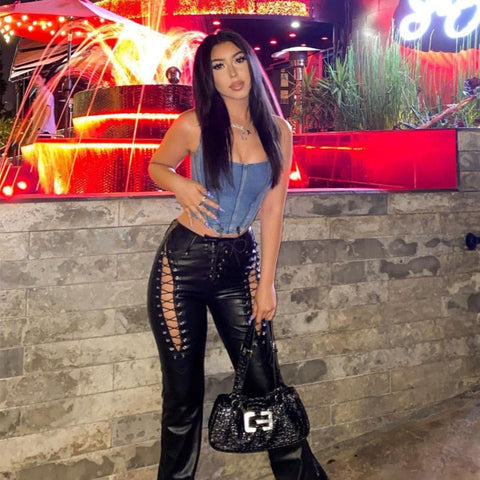 Lace Up PU Leather Pants Chic High Waist Hollow Out Y2K Drawstring Bandage Cut Out Gothic Faux Leather Trousers
