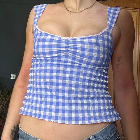 y2k Tops for Fairycore Clothing Plaid Print Lace Trim Sleeveless Tanks T Shirts 2000s Clothing Streetwear