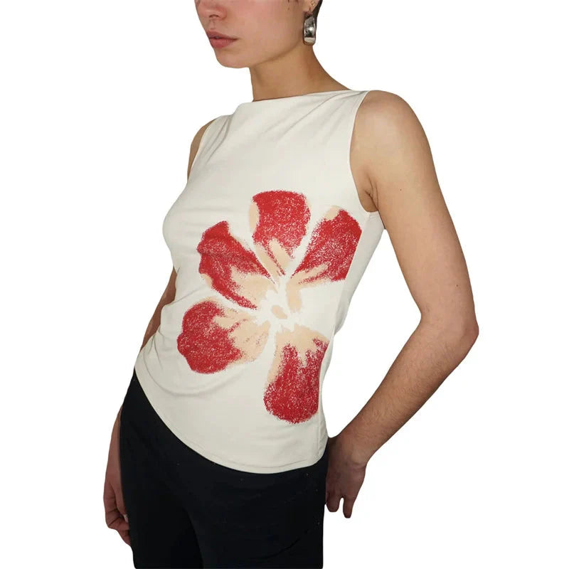 Coquette Tank Tops Floral Print Boat Neck Sleeveless T Shirts Vest y2k Fairycore Clothing Streetwear