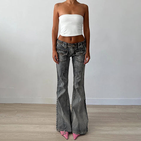 Voguable Vintage Washed Flare Jeans Pants Low Waist Streetwear Y2K Slim Fit Boot Cut Pants Grunge Denim Trousers pantalone