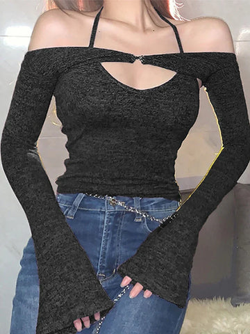 Y2K Top Long Sleeve T-Shirts 2 Piece Tops Halter Tanks Backless Crop Top Off Shoulder Tees Christmas Clothes