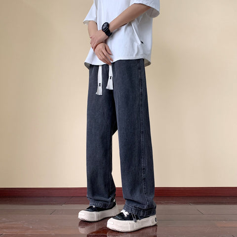 Japanese Style Trend Y2k Baggy Straight Jeans Wide Leg Solid Color Casual Denim Pants High Street Trousers
