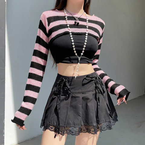 Voguable y2k Pink And Black Contrast Color Super-short Sweater Pullovers Dark Academia Cute Knitted Smock Tops Kawaii Jumper New