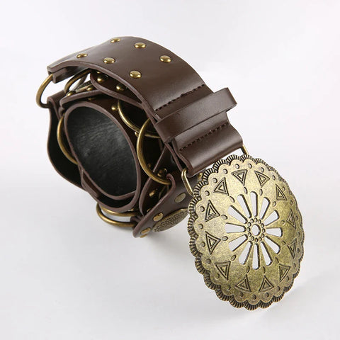 Voguable Vintage PU Leather Hollow Out Ring Wide Belt y2k Streetwear Punk Rivets Belts for Accessories Waistband