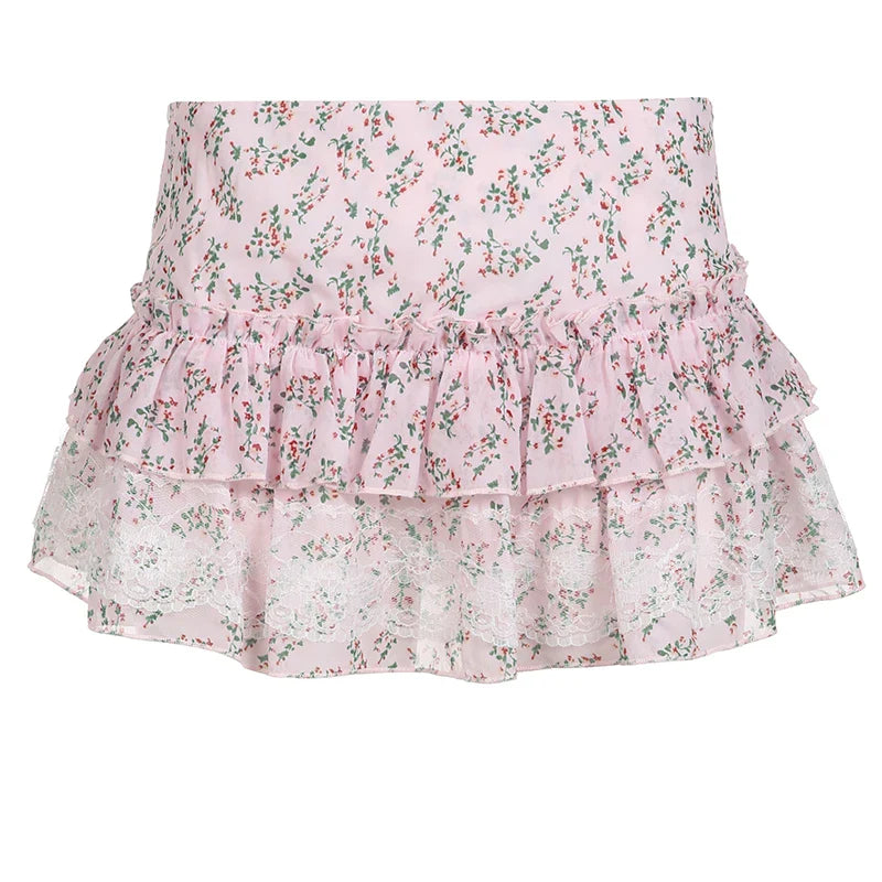 Voguable  Kawaii Floral Print Lace Stitching A-line Skirt Pink Low Waist Chiffon Skirts Y2K Coquette Lolita Skirts Soft Girls