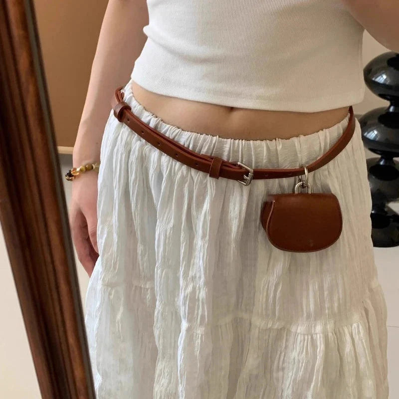 Korean All Match Mini Handbags Vintage Ins Belt Purses Solid Leather Streetwear Simple Waist Packs Y2k Aesthetic