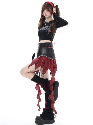 Voguable Patchwork Skirt Vintage Y2k Skirt Harajuku Korean Style Streetwear Elegant Lattice  A-line Mini Skirt