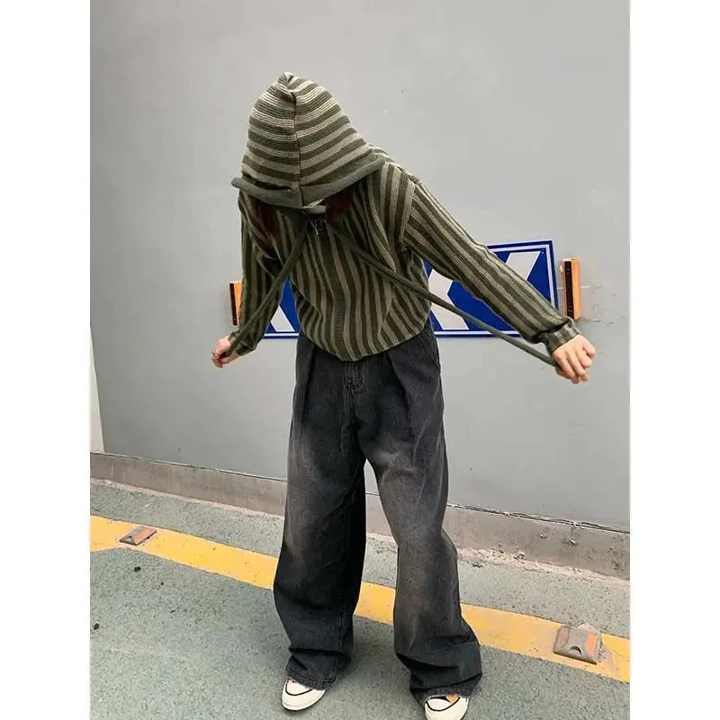 Korean Hooded Loose Harajuku Sweaters Striped Zipper Cardigan Knitted Gothic Y2k Tops Jumper