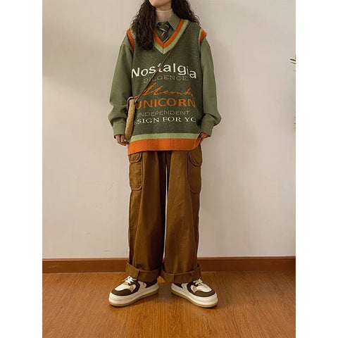Voguable Vintage Harajuku Letter Knitted Vest Preppy Style Loose Bf Y2K Tops Japan Loose All Match V Neck Casual Sweater Vest
