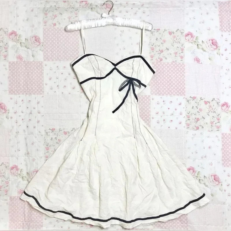 Streetwear Y2K Dress vintage Aesthetic Hip Hop Casual Cute Pink Bow Lace Punk emo girl Slim V Neck Dress