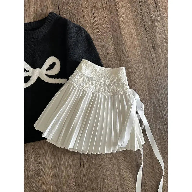 Y2K Lace Up Mini Skirts Korean High Waist Preppy Lace Patchwork Pleated Skirt Sweet Lolita A Line Faldas Mujer