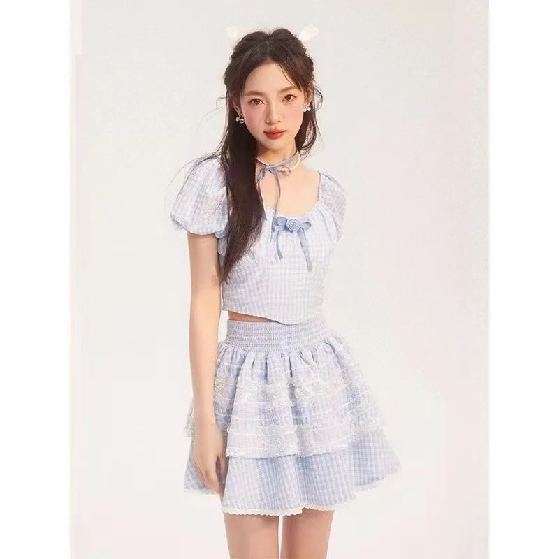 Voguable Lolita Kawaii Suit Woman Lace Sweet Plaid Set Casual Short Tops Princess Party Y2k Mini Skirt Clothing Chic