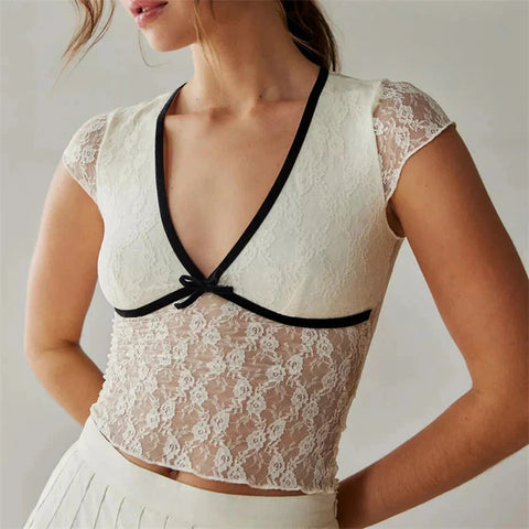 Sheer Crop Top 2000s See Through V Neck Sleeveless Floral Lace Tanks Slim Fit Vest y2k Aesthetic Clothing