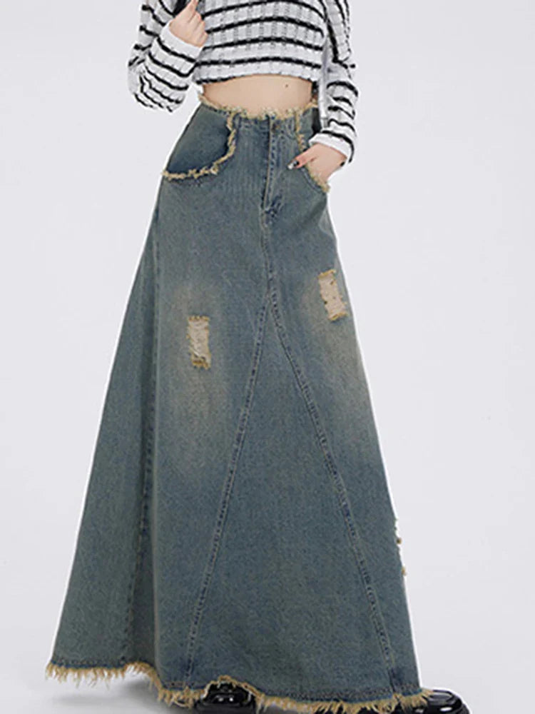 Ripped Denim Skirt for High Waisted Slit Cut Chic A-Line Long Skirt Basic Vintage Y2k Pocket Korean Skirt