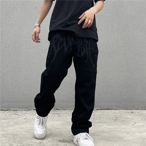 Y2K Black Baggy Jeans Streetwear American Retro Printed Letter Pants Straight Hip-hop Loose Denim Trousers