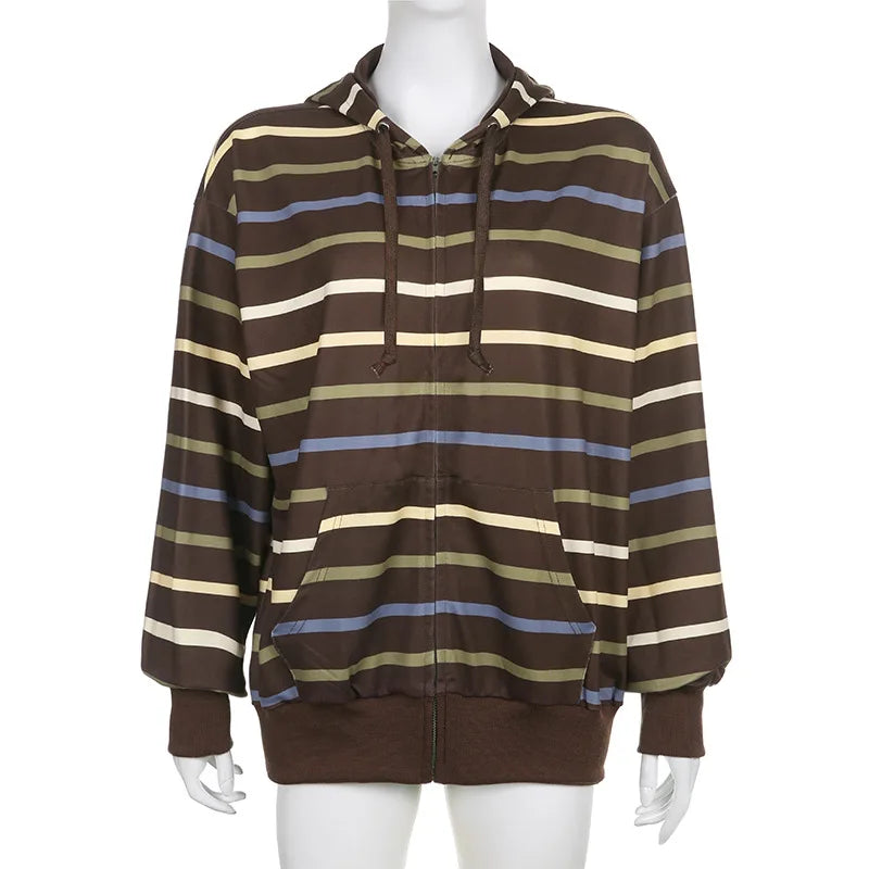 Simple Color Contrast Striped Y2k Zipper Drawstring Hoodie Coat European And American Trend Wear