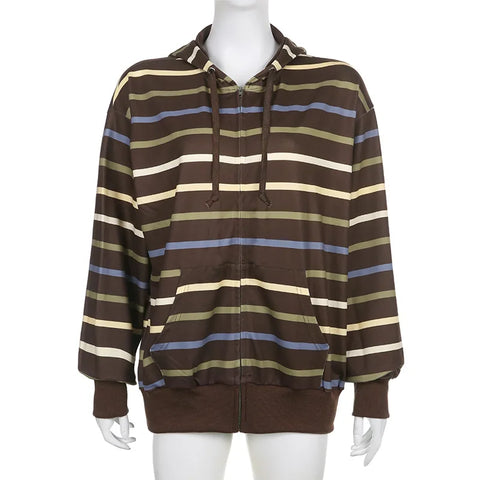 Simple Color Contrast Striped Y2k Zipper Drawstring Hoodie Coat European And American Trend Wear