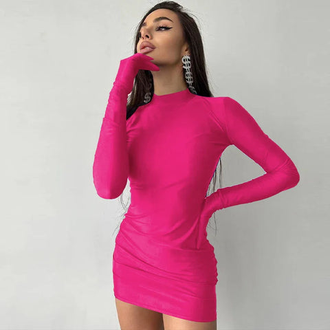 Solid Long Sleeve With Gloves Mini Dress Bodycon Streetwear Party Half Turtleneck Outfits Y2K Clothes Wholesale