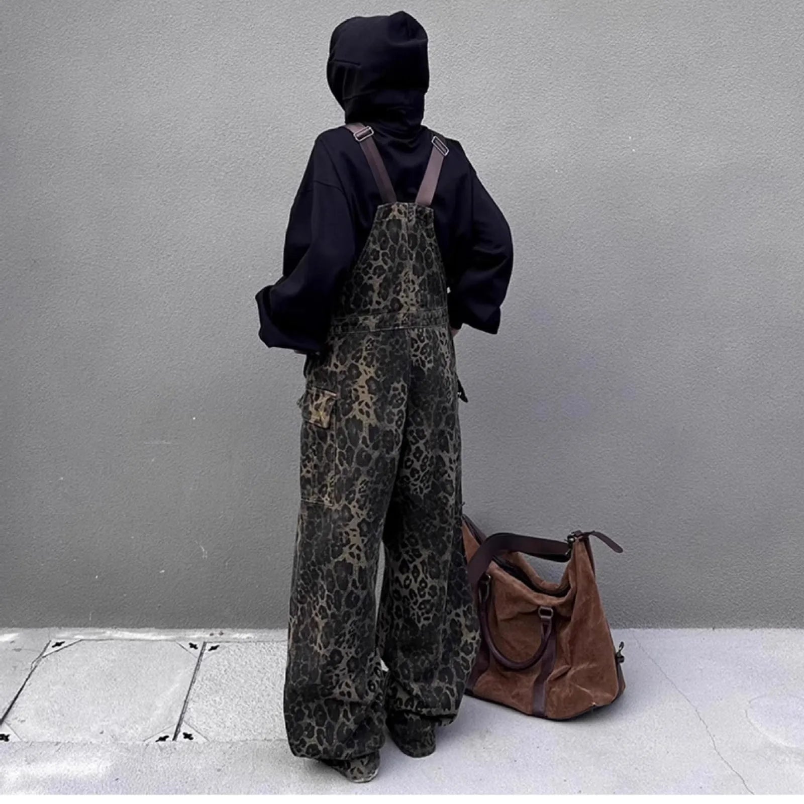 Leopard Jumpsuits Y2k Clothes Streetwear Wide Leg Baggy Jumpsuits Multi-Pocket Loose Cargo Overalls Rompers