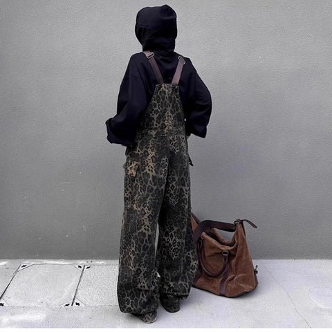 Leopard Jumpsuits Y2k Clothes Streetwear Wide Leg Baggy Jumpsuits Multi-Pocket Loose Cargo Overalls Rompers