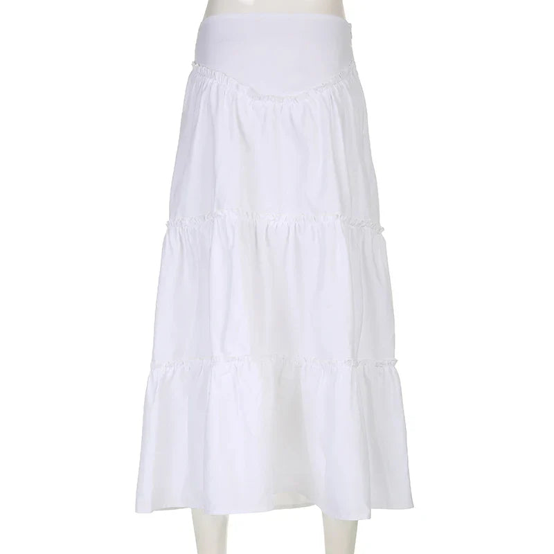 Voguable  Fairycore Floral Edge A-line Long Skirt White Coquette Aesthetic Skirts Y2K Holiday Party Casual Outfit Sweet Skirts
