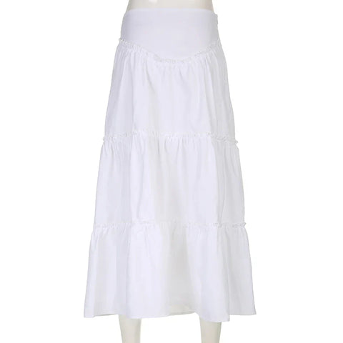 Voguable  Fairycore Floral Edge A-line Long Skirt White Coquette Aesthetic Skirts Y2K Holiday Party Casual Outfit Sweet Skirts