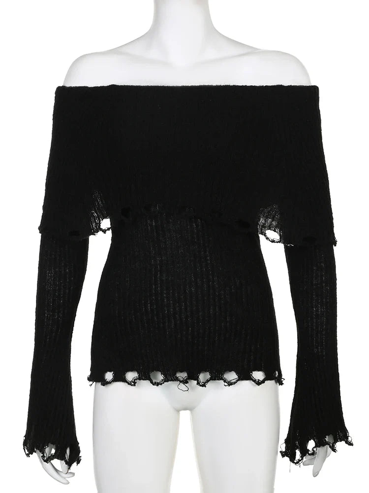 Voguable Grunge Fairycore Off Shoulders Ripped Sweaters Slash Neck Goth Jumper Tops Y2K Dark Academic Pullover
