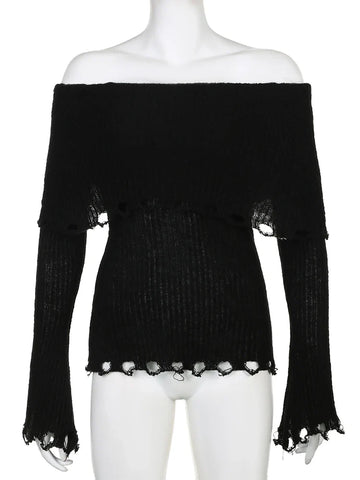 Voguable Grunge Fairycore Off Shoulders Ripped Sweaters Slash Neck Goth Jumper Tops Y2K Dark Academic Pullover