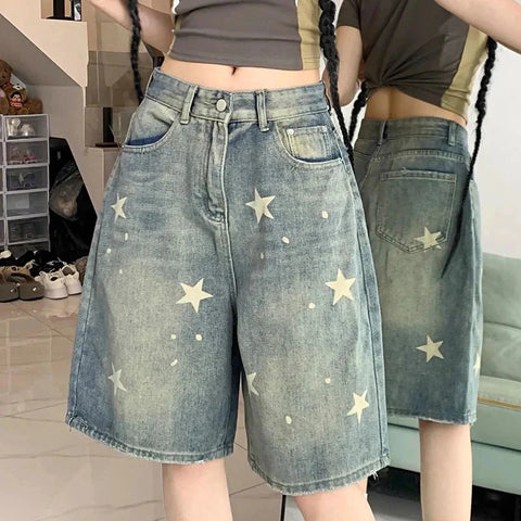 Y2K Star Printed Denim Shorts High Waist Wash Knee Length Jeans Bf Streetwear Loose Wide Leg Pants