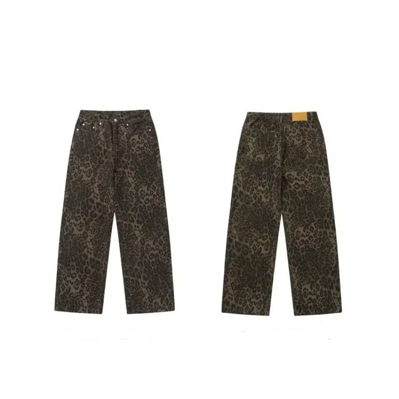 Trend Youth Straight Leopard Print Casual Pants For Y2k American Retro Design Feel Temperament Commuter Cargo Pants