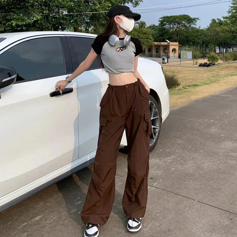 Y2K Brown Drawstring Cargo Pants Vintage Hip Hop Streetwear Baggy Pocket Wide Leg Trousers Casual Straight Pants