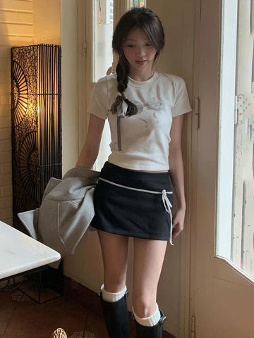 Voguable Bow Ribbon Stitching Mini Skirts Coquette Outfits Low Waist Elastic Short Skirts Y2K Aesthetic Fairycore Korean New