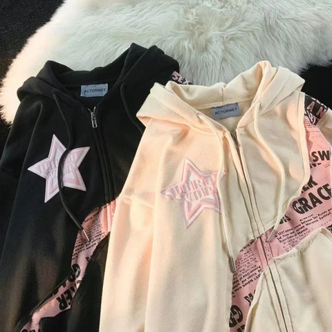 Harajuku Vintage Zip Up Hoodies Y2K Hip Hop Letter Print Sweatshirts Gothic Streetwear Loose Patchwork Tops Hip Hop Coats