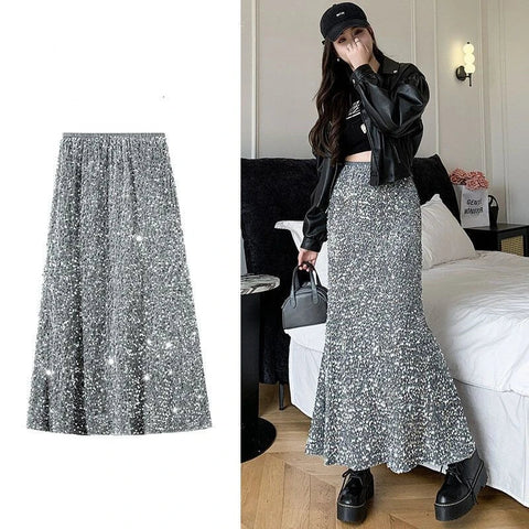 Pleuche Sequined Woman Clothing Elastic Waist Skirt High Waist Nightclub Girl Y2K Vintage Midi Skirts