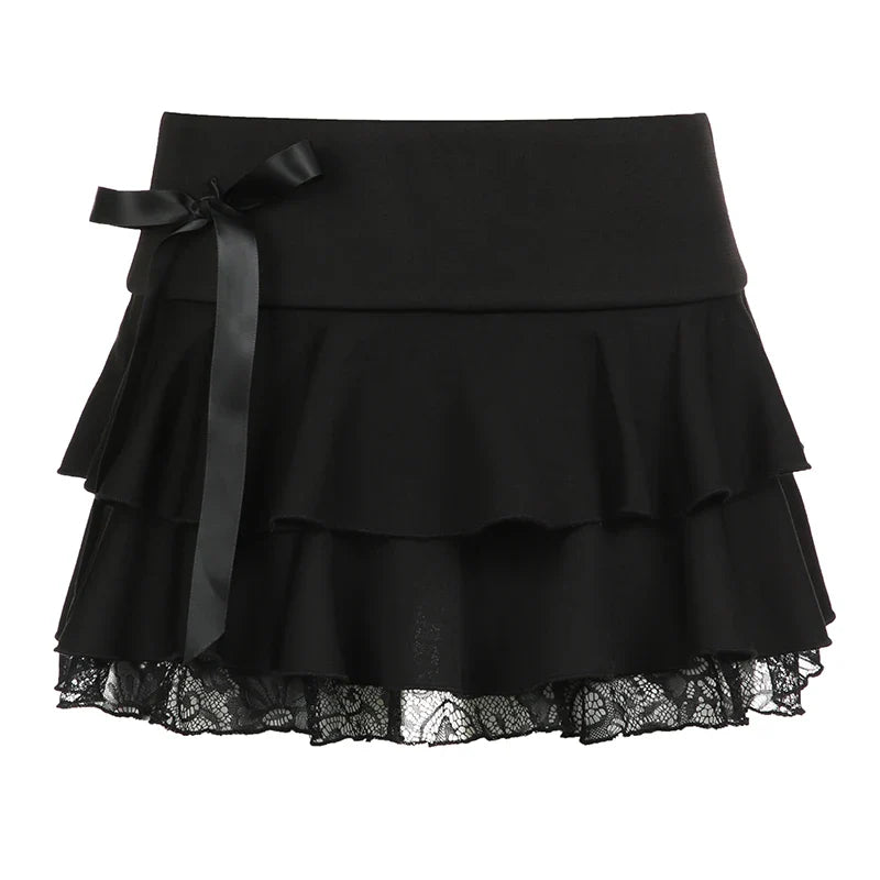 Voguable  Dark Academia Lace A-line Mini Skirt Black Low Waisted Bow Stitching Short Skirts Y2K Gothic Cute Bottoms Streetwear