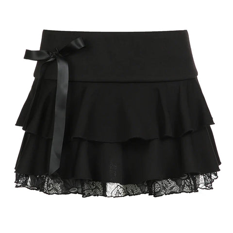 Voguable  Dark Academia Lace A-line Mini Skirt Black Low Waisted Bow Stitching Short Skirts Y2K Gothic Cute Bottoms Streetwear