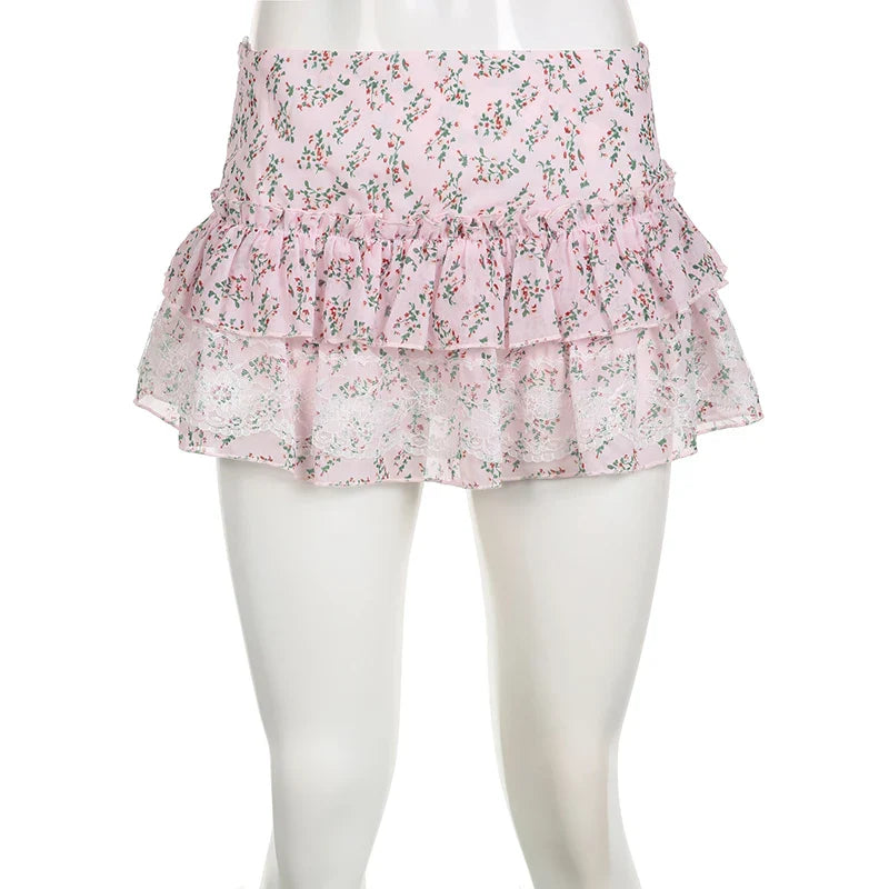 Voguable  Kawaii Floral Print Lace Stitching A-line Skirt Pink Low Waist Chiffon Skirts Y2K Coquette Lolita Skirts Soft Girls