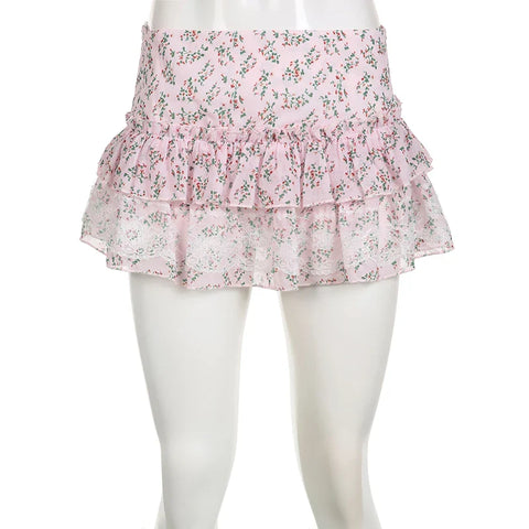 Voguable  Kawaii Floral Print Lace Stitching A-line Skirt Pink Low Waist Chiffon Skirts Y2K Coquette Lolita Skirts Soft Girls