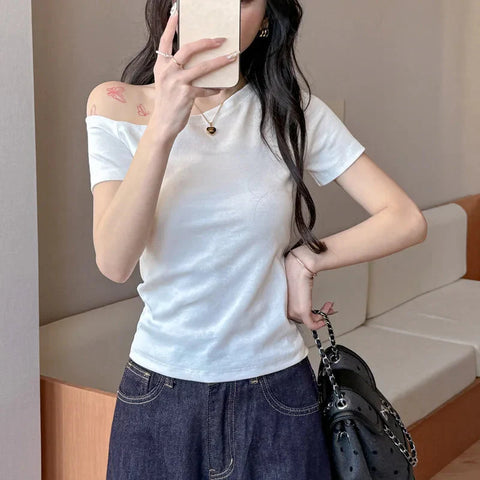 Solid Off Shoulder Short Sleeve T Shirt Simple Basic Single Sleeved Jumper Top Streetwear Slim Fit FeY2K Clothes Tees