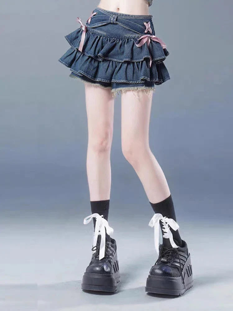 Voguable Blue Denim Pleated Skirt Y2K Aesthetic Sweet Pink Bow Lace Up Ruffles Cake Mini Skirts Harajuku Kawaii Short Skirt 90s
