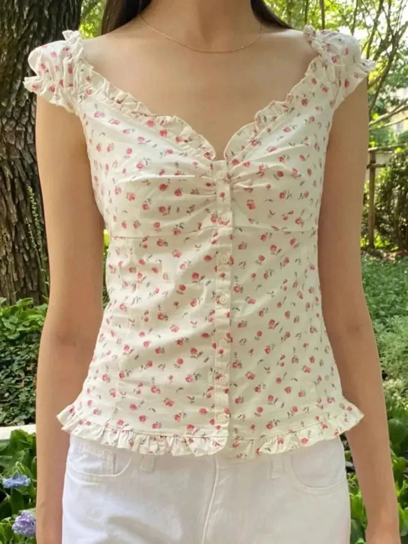Ruffles White Basic Blouse Top for Woman Folds Single Breasted Sleeveless Tank Tops Casual Cotton Vest Y2k Sweet Camisole