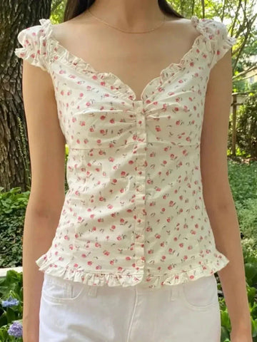 Ruffles White Basic Blouse Top for Woman Folds Single Breasted Sleeveless Tank Tops Casual Cotton Vest Y2k Sweet Camisole
