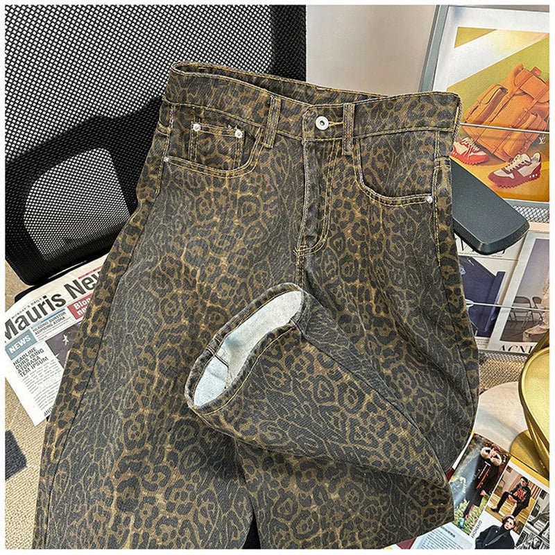 Retro American Leopard Print Jeans for High Street Gothic Hiphop Trendy Straight Couple Design Wide Leg Long Pants  Y2k fash
