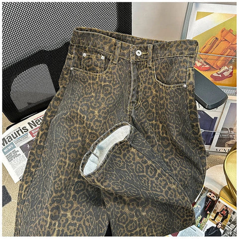 Retro American Leopard Print Jeans for High Street Gothic Hiphop Trendy Straight Couple Design Wide Leg Long Pants  Y2k fash